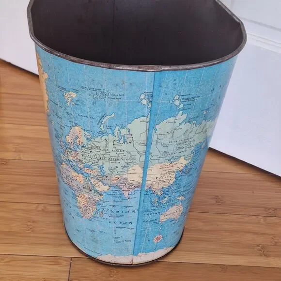 Vintage Hammond's World Map Waste Basket Garbage Can Tin Litho Trash Can 50s 60s - Picture 6 of 14
